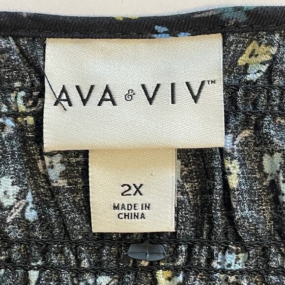 Ava & Viv Smocked Top Women's Size 2X Black Floral V-Neck Balloon Sleeves Cotton - Picture 6 of 10